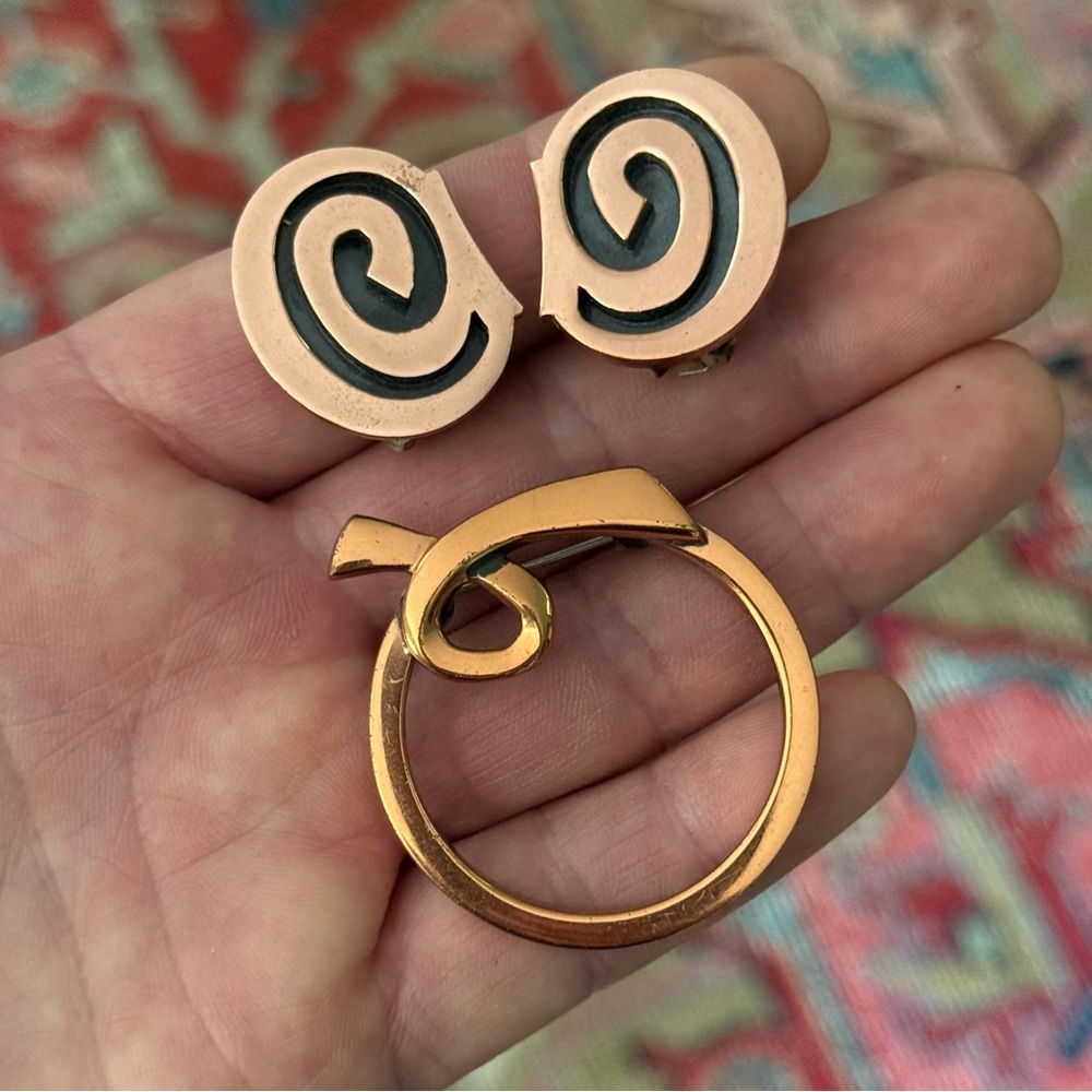 Vintage 1950’s Renoir MCM Copper and Enamel Clip Earrings & Circle Brooch Lot